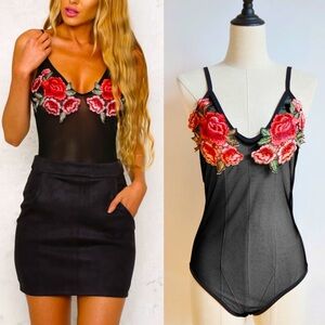 ROSE APPLIQUÉ MESH BODYSUIT WOMEN COLOR BLACK SIZE L